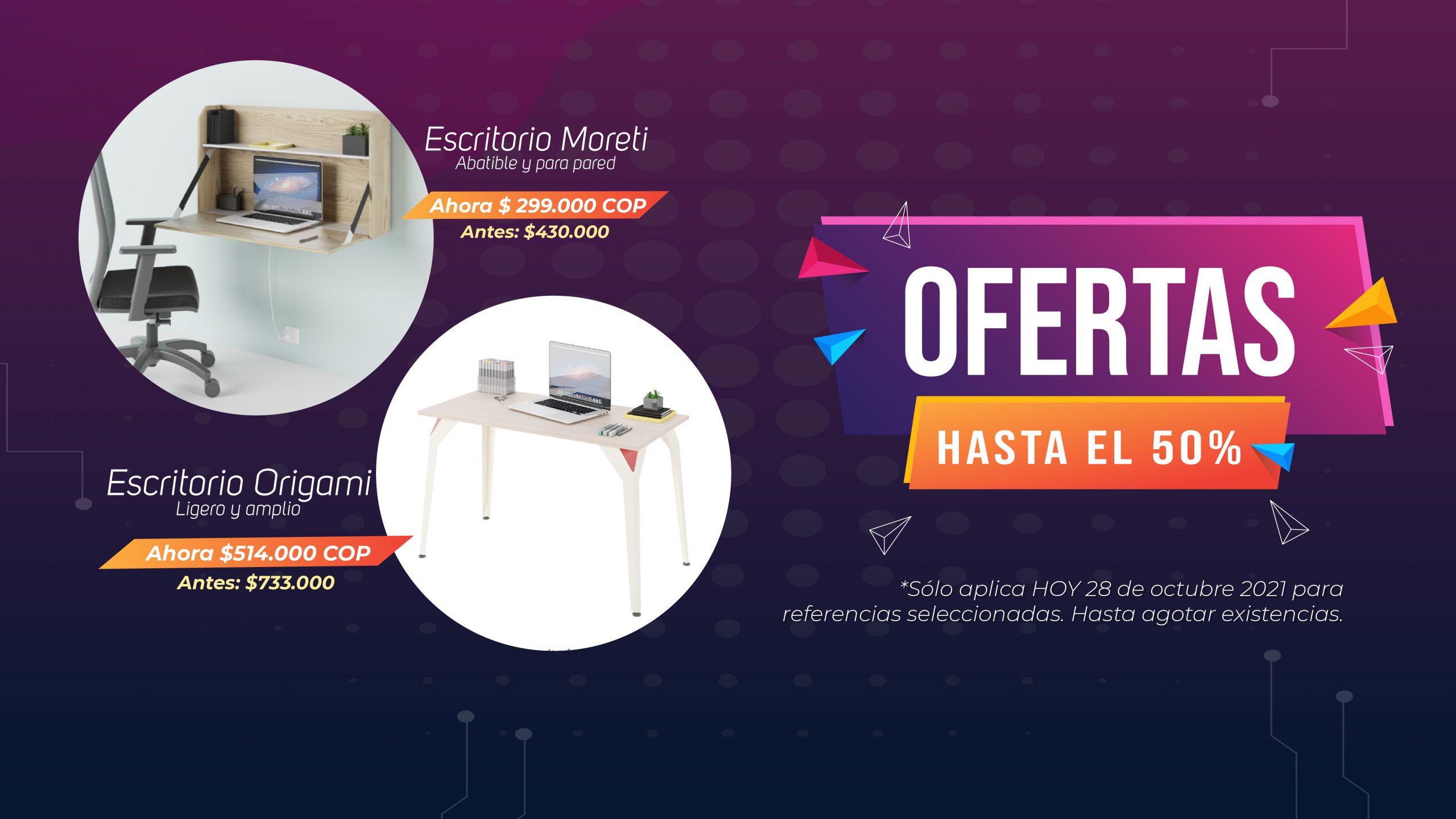 Oferta 28-oct_Banner Moreti y Origami Mepal Tienda Liquidación sillas muebles escritorios dia sin iva oferta promocion - escritorio moreti origami abatible pared