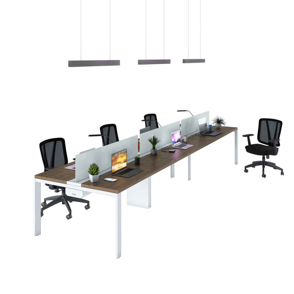 Estación de trabajo tipo isla para 6 personas con diseño modular y divisiones